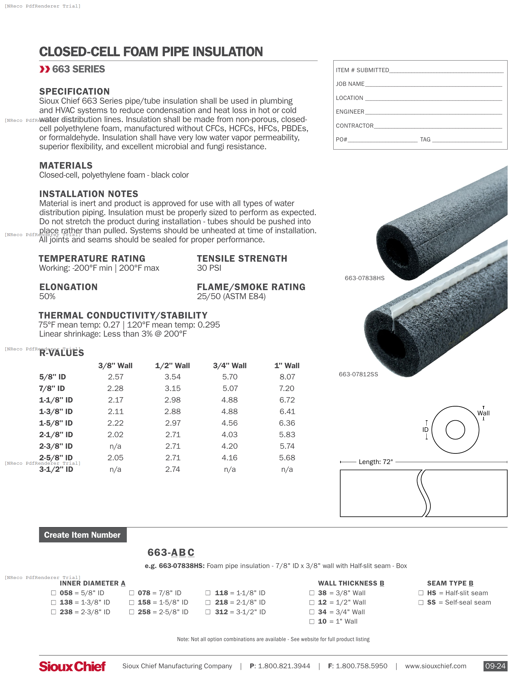 663 SERIES - CLOSED-CELL FOAM PIPE INSULATION - SPEC SHEET.PDF Specification Document